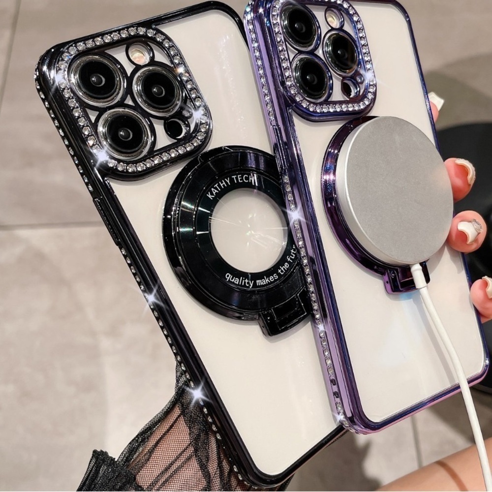 CLEAR SILVER RHINESTONE BLING IPHONE 15PRO PHONECASE WITH KICKSTAND - Picture 7 of 14